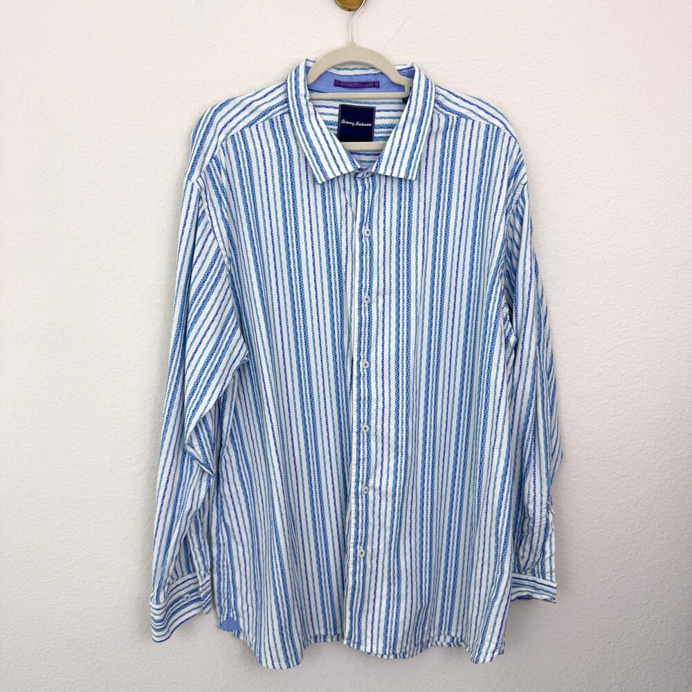 Tommy Bahama Mens Long Sleeve Button Shirt Size 3XL Stripe 100% Cotton Blue